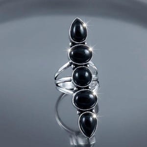Black Onyx Statement Ring | Long Multi Stone 925Sterling Silver Ring | Boho Gothic Ring | Handmade Gemstone Ring | Gift for Her | Cocktail