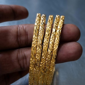 Gold Plated Floral Bangle Set, Engraved Traditional Bangles, Indian Jewelry for Women