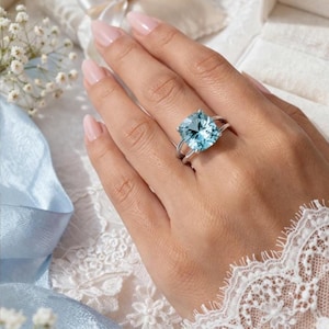 Aquamarine 925Sterling Silver Ring , Cushion Cut Aquamarine Ring, March Birthstone Ring, Blue Gemstone Ring, Statement Ring, Handmade Jewels