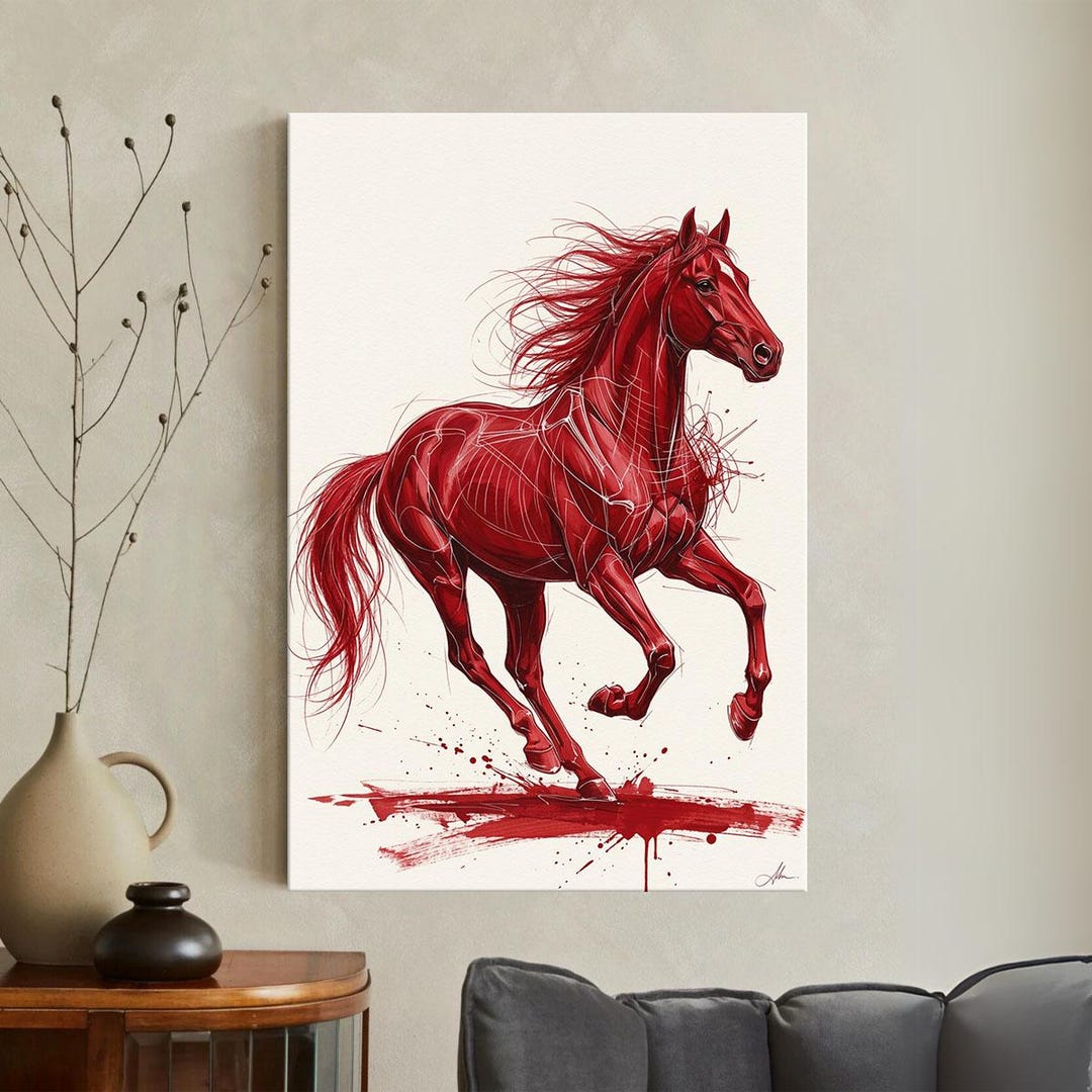 Red Horse Line Art Canvas Print, Abstract Galloping Equine Wall Art ...