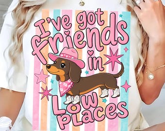 I've Got Friends In Low Places PNG stripped art Retro Cowgirl Dog Shirt Design Country lined Sublimation Pink Western Boots Digital Download