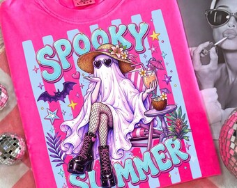 Spooky Summer PNG, Striped Summerween PNG, Hot Ghoul Summer PNG, Cute Ghost Cocktail Halloween Sublimation Design