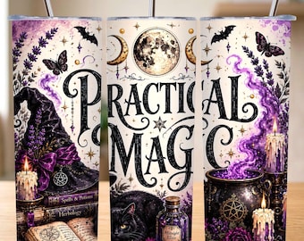 Witchy Tumbler PNG, Practical Magic Cauldron Black Cat Spellbook Candles Purple Mystical Moon Halloween Sublimation 20oz Skinny Tumbler Wrap