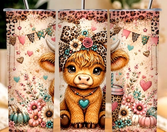 Highland Cow Tumbler PNG, Leopard Bow, Coffee Sublimation File cute Highland Cow Tumbler Wrap png, floral tumbler 20oz (Digital Download)
