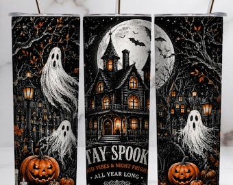 Haunted House Tumbler, Halloween Mansion tumbler wrap, Spooky Ghost PNG, Pumpkin 20oz, Black Cat png, Halloween Shirt Design, Sublimation