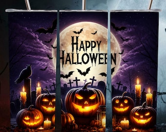 Happy Halloween Pumpkins Tumbler Wrap, Spooky 20oz Skinny Tumbler Sublimation Design, Ghost Cat Autumn Fall Tumbler Png, Digital Download