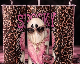 Glam Ghost Png Tumbler Wrap 20oz Preppy Ghost Png Bling Design Halloween Designs Boujee Png Leopard tumbler Graphic Spooky Graphic stanley