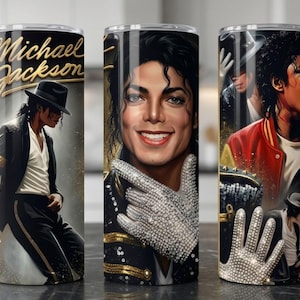 May include: Three stainless steel tumblers featuring images of Michael Jackson. One tumbler has the name "Michael Jackson" in gold lettering. The other two tumblers have portraits of Michael Jackson in various poses, wearing a black hat and jacket.