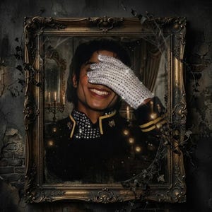 Vintage Michael Jackson portrait featuring his iconic sparkling silver sequin glove and black military jacket with gold trim. High-resolution pop music legend sublimation design for black t-shirts and retro fan merchandise. Transparent background PNG.