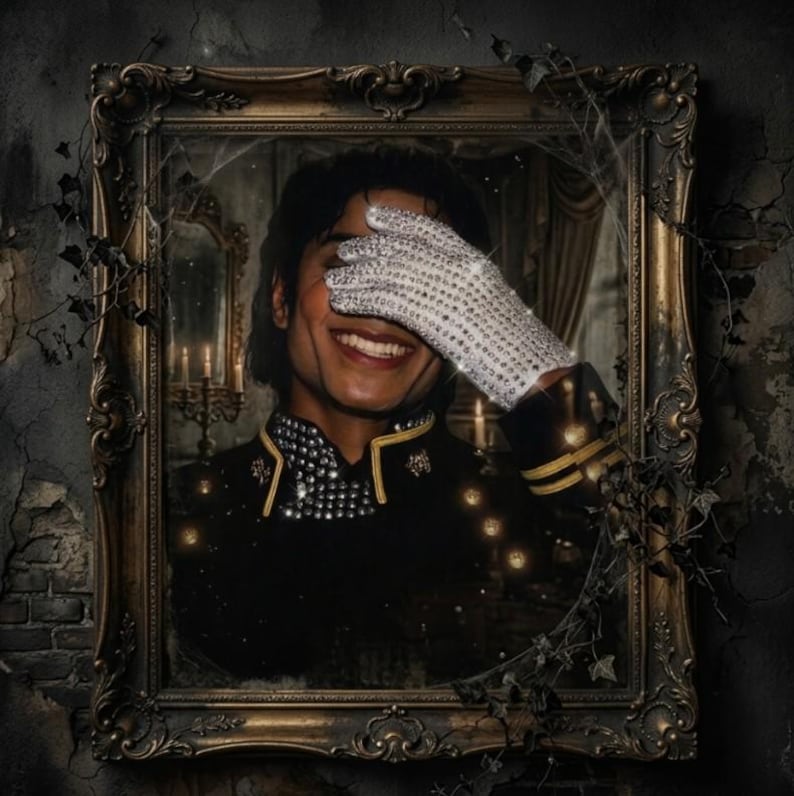 Vintage Michael Jackson portrait featuring his iconic sparkling silver sequin glove and black military jacket with gold trim. High-resolution pop music legend sublimation design for black t-shirts and retro fan merchandise. Transparent background PNG.