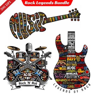 Könnte beinhalten: Ein Bundle mit Grafiken zum Thema Rockmusik. Enthält ein gitarrenförmiges Design mit dem Wort "MUSIC" und einem Gitarrenhals. Außerdem ein Schlagzeug mit gekreuzten Gitarren und ein gitarrenförmiges Design mit Bandnamen wie AC/DC und Nirvana. Der Text "Rock Legends Bundle" steht oben.