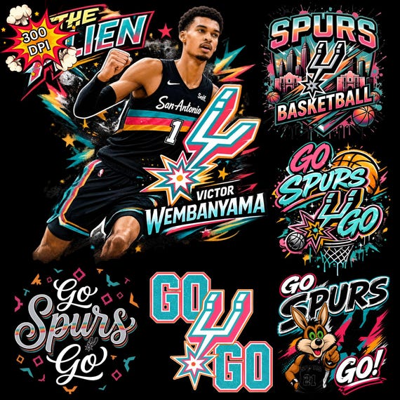 Go Spurs Go PNG, Victor Wembanyama Basketball Design, San Antonio Spurs Graphic, Vintage 90s Neon Halftone, Streetwear Fan Shirt Digital png