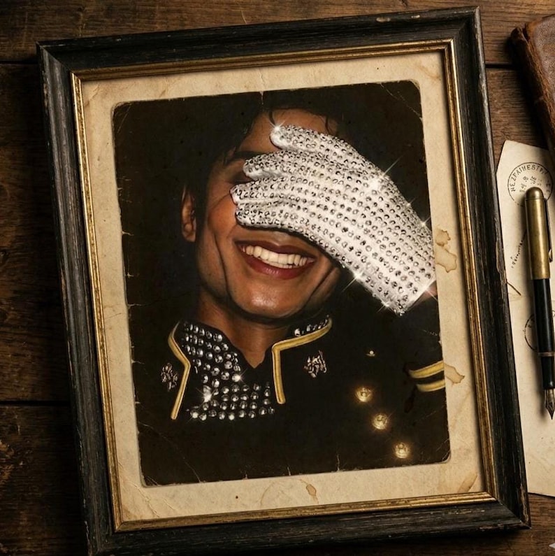 Vintage Michael Jackson portrait featuring his iconic sparkling silver sequin glove and black military jacket with gold trim. High-resolution pop music legend sublimation design for black t-shirts and retro fan merchandise. Transparent background PNG.
