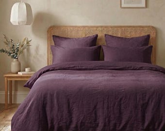 Dark Purple Linen Duvet Cover Set, Luxury Washed Linen Bedding, Minimalist Bedroom Decor, Natural Flax Comforter Cover