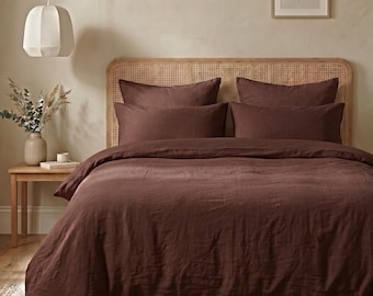 Juego de funda nórdica de lino marrón chocolate Coco, ropa de cama de lino lavado, funda de edredón suave y transpirable, decoración rústica de dormitorio en tonos tierra.