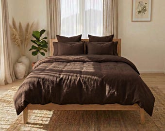 Dark Brown Linen Duvet Cover Set – Rich Chocolate Bedding with Matching Pillow Covers, Soft Washed Fabric, Cozy Minimalist Bedroom Decor