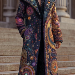 May include: A long coat with a dark blue background, intricately decorated with circular and starburst patterns in orange, yellow, purple, and green. The coat has a large collar and is embellished with detailed beadwork. The coat's length is approximately 150 cm.