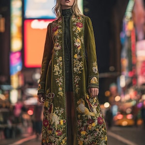 Puede incluir: Un abrigo largo verde oliva con intrincados bordados florales en amarillo, rojo y blanco. El abrigo presenta un cuello alto y se usa con botas negras. El fondo es una calle de la ciudad borrosa por la noche, con luces brillantes.