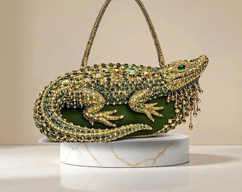 Bolso de mano de lujo de piel de cocodrilo, bolso de noche con cuentas hechas a mano, bolso adornado, bolso artesanal, bolso de diseñador, bolso de mano para damas de honor.