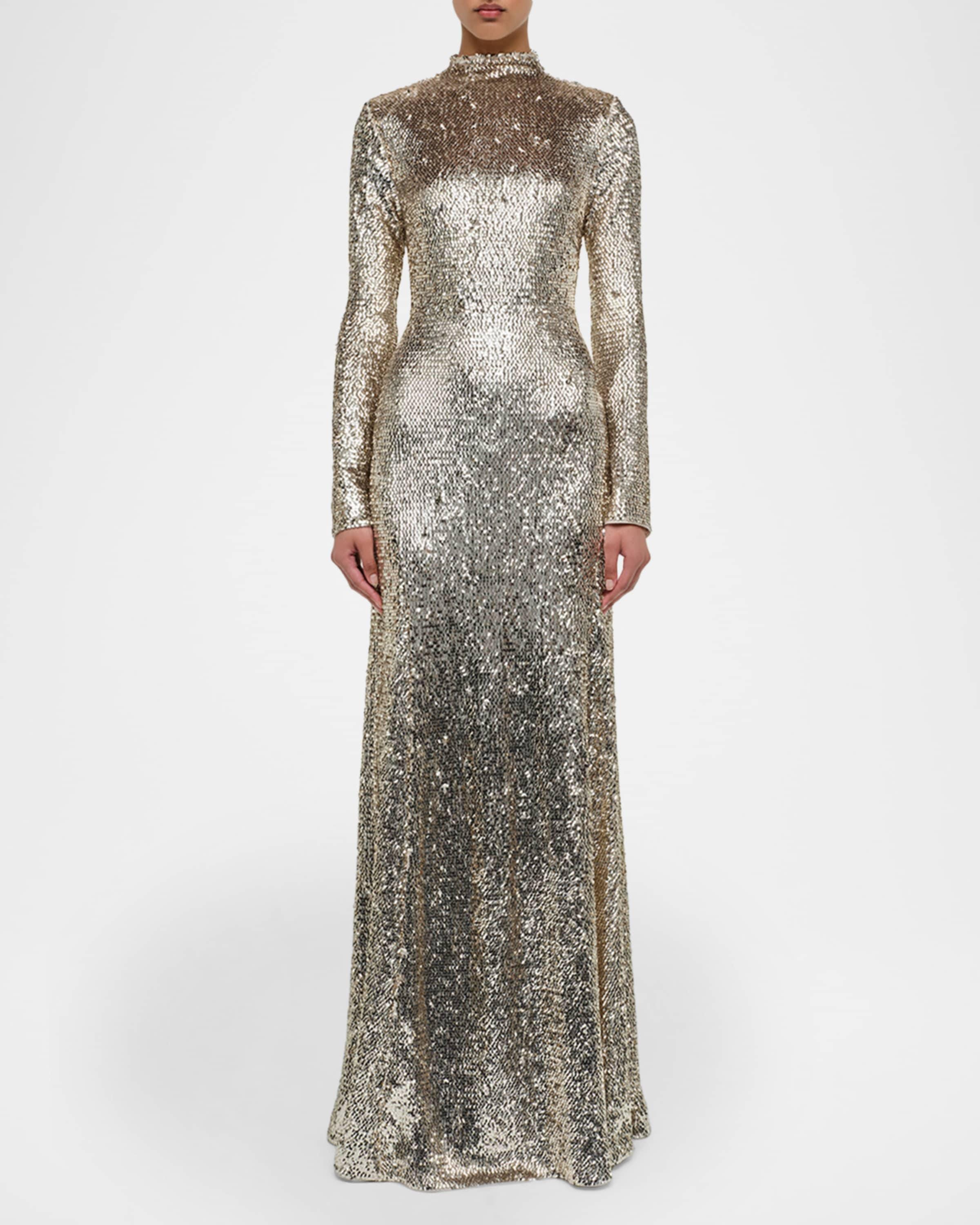 sequin high neck long sleeve dress Long Sleeve Illusion Sequin Gown 0 / Navy Multi