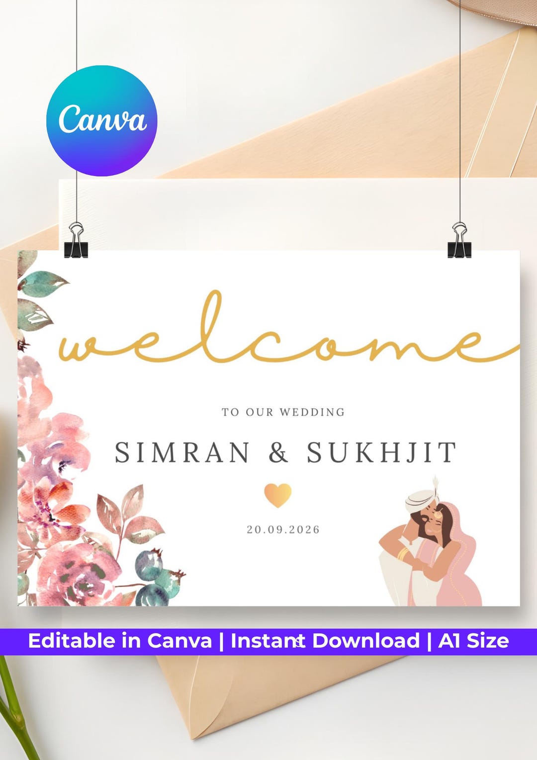 Floral Indian Wedding Welcome Sign Template | Elegant Desi Decor (canva ...