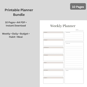 Könnte beinhalten: Ein druckbares Planer-Bundle mit Wochenplaner-Layout. Das Design umfasst Abschnitte für jeden Wochentag, Prioritäten, To-Do-Listen und Notizen. Der Text enthält "Printable Planner Bundle", "10 Pages" und "Weekly Planner".