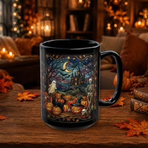 Haunted Pumpkin Patch Faux Stained Glass Halloween Mug, Gothic Ghost Black Cat Skeleton, Spooky Season Gift, 11oz 15oz Ceramic Coffee Cup