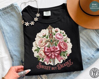Sweet But Deadly Romantasy Faux Embroidery PNG, Coquette Bow, Floral Dagger, Trendy Shirt Sublimation Design, UV DTF, Digital Download