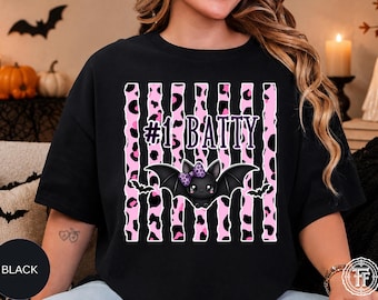 Niedliches Fledermaus Rosa Leopardenmuster Halloween Shirt, lustiges #1 Baddie, kokettes Halloween T-Shirt, gruseliger niedlicher Streifen, Girly Boutique Halloween