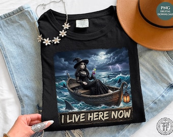 I Live Here Now Gothic Witch Summerween Beach Tee PNG, Sarcastic, Shark, Dark Humor Trendy Shirt Sublimation Design, UVDTF, Digital Download