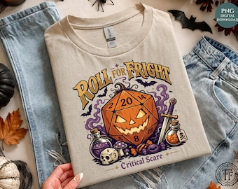 Rollen für Fright Halloween RPG D20 PNG, Tabletop Gamer, Jack O Lantern Würfel, Fantasy, trendiges Shirt Sublimation Design UVDTF, digitaler Download