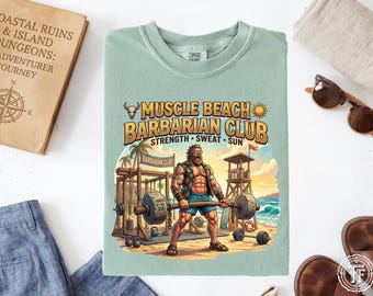 マッスルビーチバーバリアンクラブシャツ、ファンタジービーチTシャツ、ビーチジム、面白いRPGサマー、ダンジョンワークアウト、沿岸ファンタジー、ビーチミーム、RPGユーモア