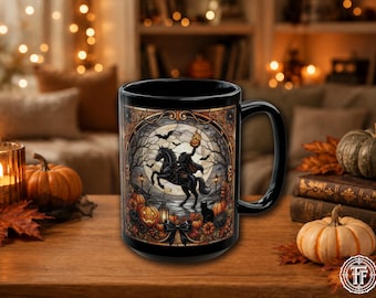 Headless Horsemen Halloween Faux Stained Glass Mug, Gothic Jack O Lantern Black Cat, Spooky Fall Lover Gift, 11oz 15oz Ceramic Coffee Cup