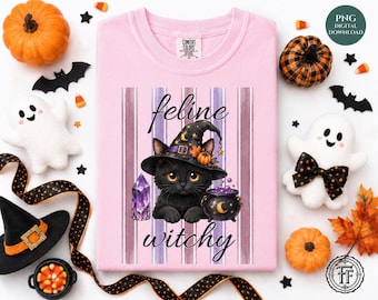Feline Witchy Katze PNG, niedliche schwarze Katzenhexe, Halloween, gruselige Jahreszeit, Kristalle, trendiges Shirt-Sublimationsdesign, UV DTF, digitaler Download