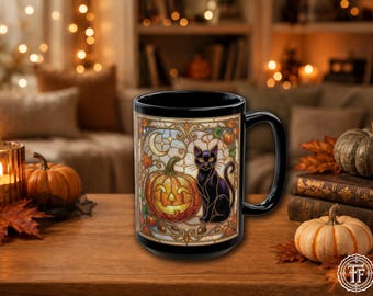 Black Cat Jack O Lantern Halloween Faux Stained Glass Mug, Witchy Fall, Spooky Cat Lover Gift, 11oz 15oz Ceramic Coffee Cup, Cozy Season