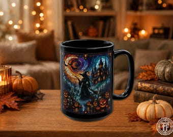 Hexen-Spukhaus-Buntglas-Halloween-Tasse, Gothic Jack O Lantern, mystisches Witchy Herbstgeschenk, Schädel, keramische Kaffeetasse 11oz 15oz