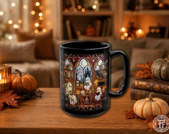 Geisterlesung Geisterbibliothek Faux Buntglas-Halloween-Becher, Gothic Gothic Geist, gruseliges Herbstgeschenk 11 Unze 15 Unze Keramikkaffeetasse