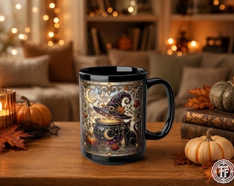 Witchy Cauldron Black Cat Faux Stained Glass Style Mug, Halloween 11oz 15oz Coffee Cup, Fall Witch, Spooky Autumn Ceramic Mug Gift, Tea Cup