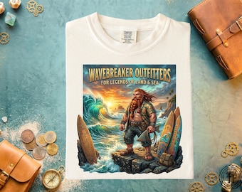 ドワーフサーファーシャツ、ファンタジービーチ、サーフショップTシャツ、面白いサーフアドベンチャー、海洋探検家、海岸の夏のファンタジーギフト、ビーチミーム、RPGユーモア