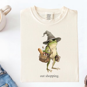Frog Wizard Cottagecore Out Shopping Shirt, Whimsical Frog Tee, Funny Sarcastic Meme, Magical RPG Lover, Bookish Gift, Mushroom, Potion image 1