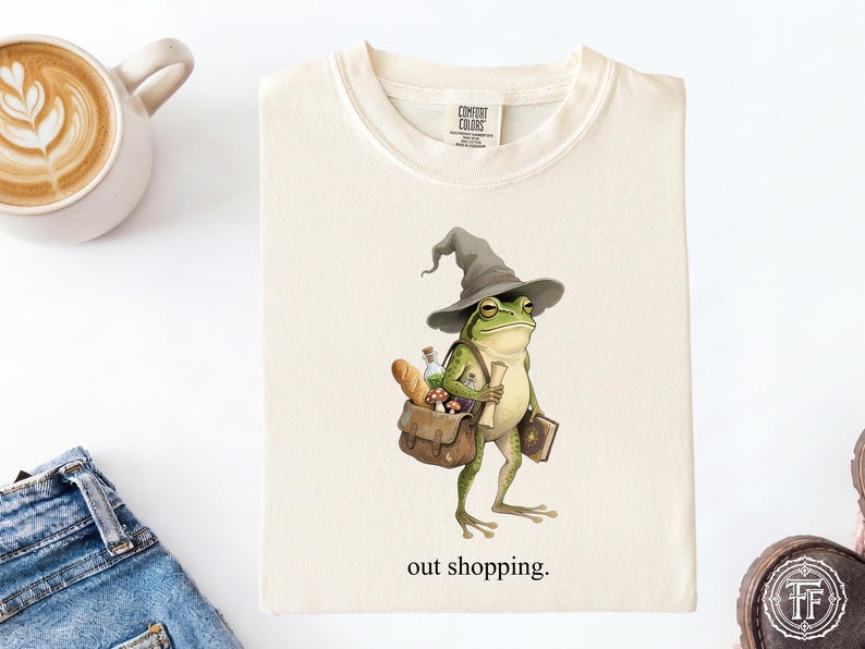 Frog Wizard Cottagecore Out Shopping Shirt, Whimsical Frog Tee, Funny Sarcastic Meme, Magical RPG Lover, Bookish Gift, Mushroom, Potion image 1