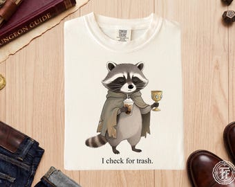 面白い皮肉屋のアライグマTシャツ、ゴミチェックTシャツ、ファンタジー動物、居心地の良い森の動物、皮肉、コテージコア、RPGミーム、コーヒー好き