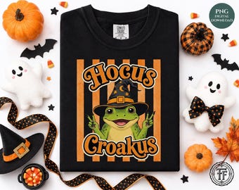 Halloween Frosch PNG, Hokus Croakus Hexe, adrette Streifen, süß gruselig, Hokus Pokus, trendiges Hemd Sublimationsdesign, UVDTF, digitaler Download