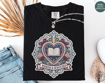 Bookish Bewitched Faux Embroidery PNG, Coquette Bow, Witchy Reader, Booktok Tee, Trendy Shirt Sublimation Design, UV DTF, Digital Download