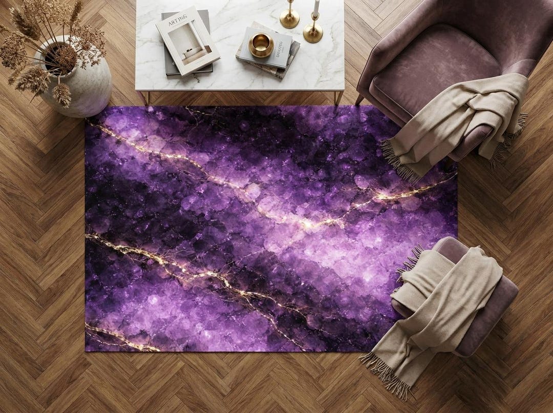 Gold Geode Rug Deep Purple Geode Rug With Gold Accents | Luxury Abstract Floor Mat ...