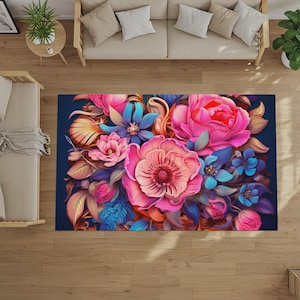 May include: A vibrant floral area rug featuring a large bouquet of pink, blue, and orange flowers on a dark blue background. The rug's design includes detailed petals and leaves, creating a colorful and artistic statement piece.