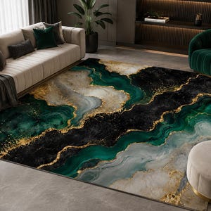 May include: A rectangular area rug featuring a marbled pattern with swirling bands of deep emerald green, charcoal black, and soft cream, accented by metallic gold veins that flow across the surface in a fluid, organic, and layered design.