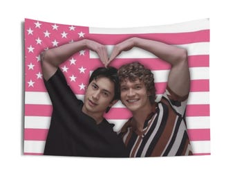Heated Rivalry TV Show Tapestry, Shane Hollander, Ilya Rozanov, Hudson Williams, Connor Storrie Pink Flag Wall Art.