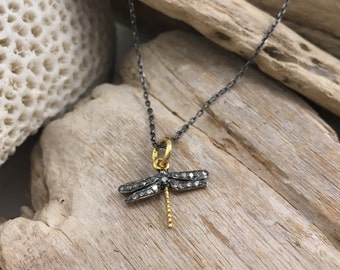 Artisan dragonfly pendant with diamonds in a silver chain. Original and elegant design. Natural motif design.