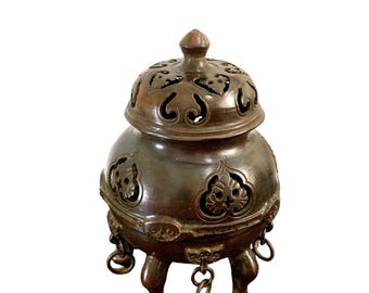 3-Paw Hanging Ring Openwork Bronze Incense Burner, Antique Zen Altar Decor